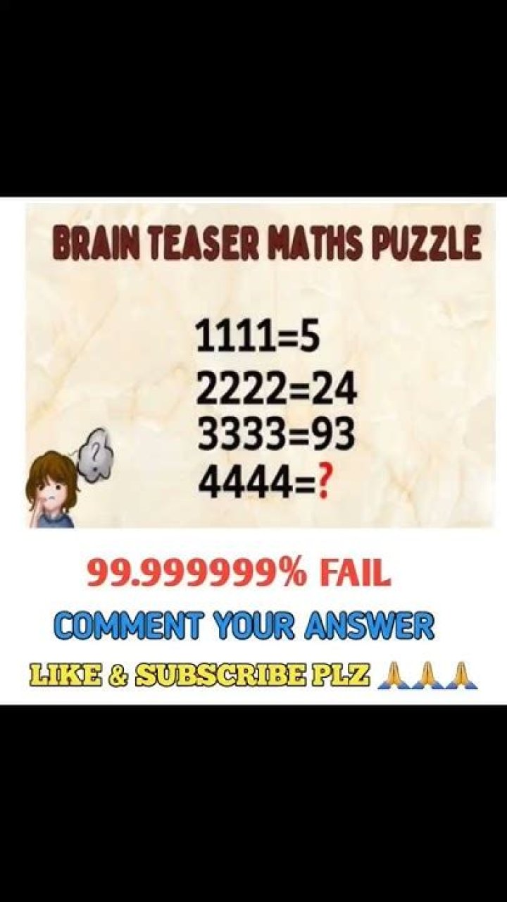 Brain Teaser Maths Puzzle: 1111=5, 2222=24, 3333=93, 4444=?