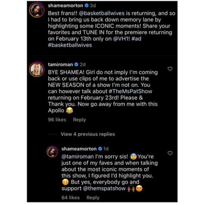 ‘Do Not Imply I’m Coming Back’: Tami Roman Shuts Down Rumor of ‘Basketball Wives’ Return After Shamea Morton Post Video Highlighting Tami’s Confrontation with Duffey
