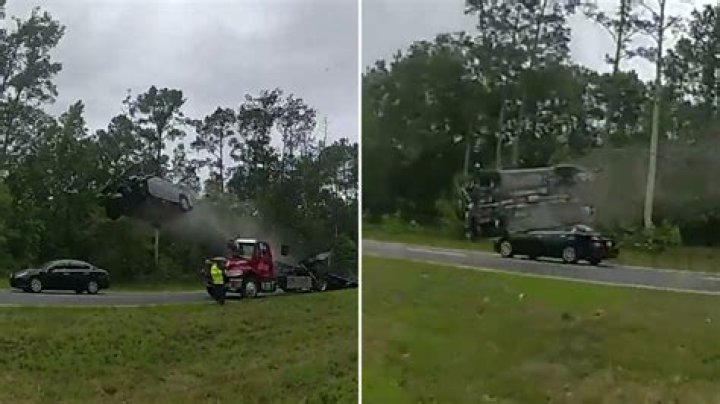 Horror moment car hits tow truck ramp and flies 120ft before crashing down leaving driver, 21, severely injured