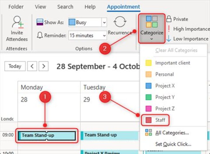 How to color-code outlook calendar events using categories