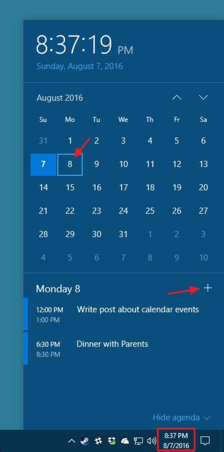 How to view and add calendar events from the windows 10 taskbar