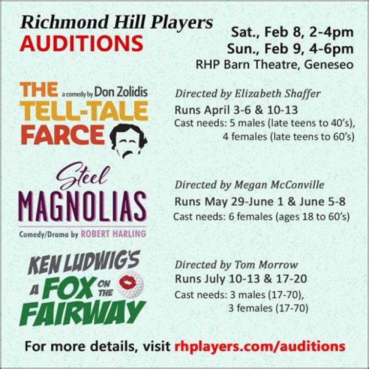 Richmond Hill Players to hold auditions on Feb. 5-6 in Geneseo