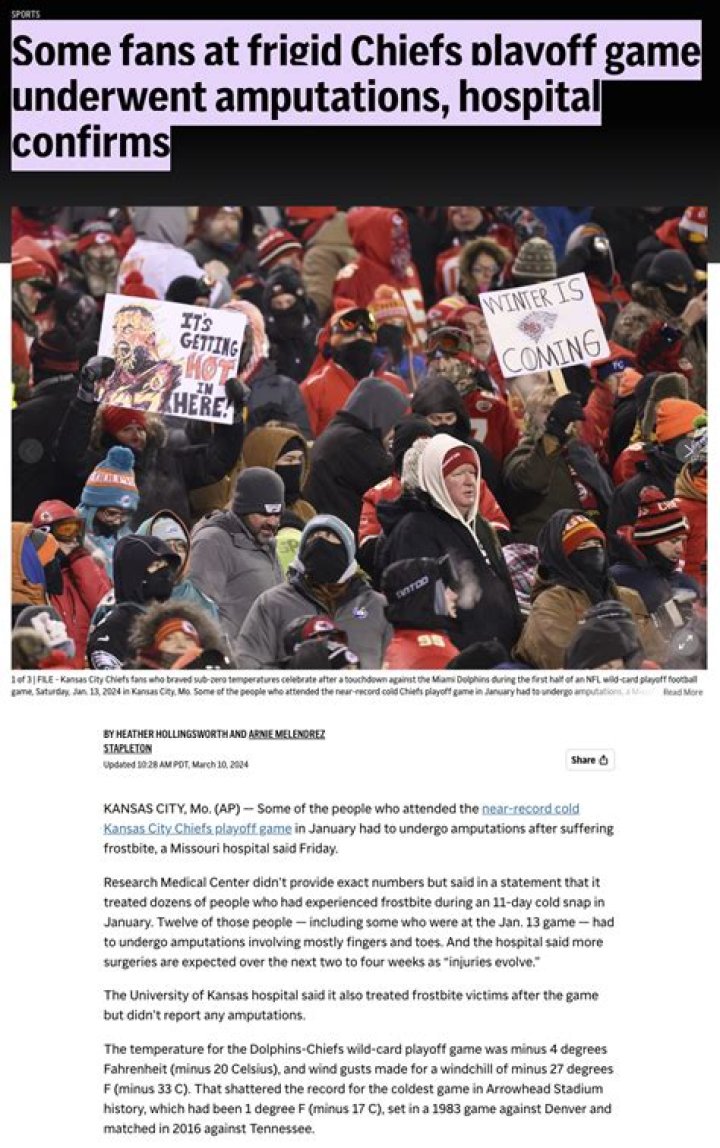 Some fans at frigid Chiefs playoff game underwent amputations, hospital confirms
