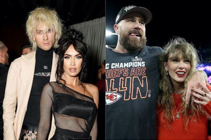 Taylor Swift, Travis Kelce, Megan Fox, And Machine Gun Kelly Pose With Wide Smiles At Super Bowl Party
