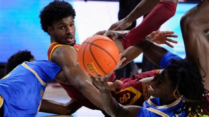 USC’s Bronny James picks up technical foul after a blocked shot against UCLA
